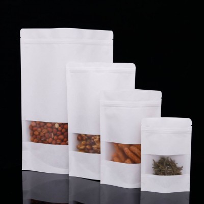 Biodegradable White Kraft Paper Stand Up Pouch Ziplock Custom Sizes Doypack With Window Coffee Tea Packaging Food Bag In Stock